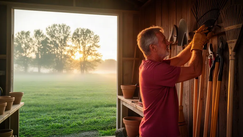 A landscaper hanging a rake on a wall of hand tools in a wooden shed at misty dawn.
